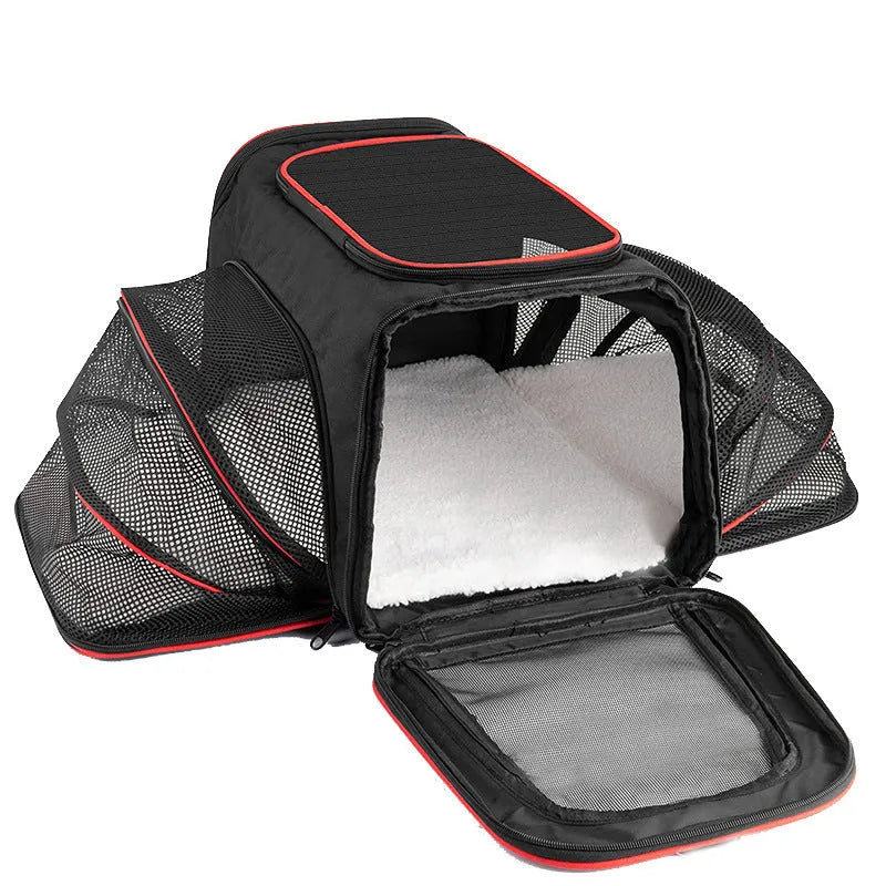 A cat carrier bag made from 600D cation fabric in a solid colour, shown in small and large size options.