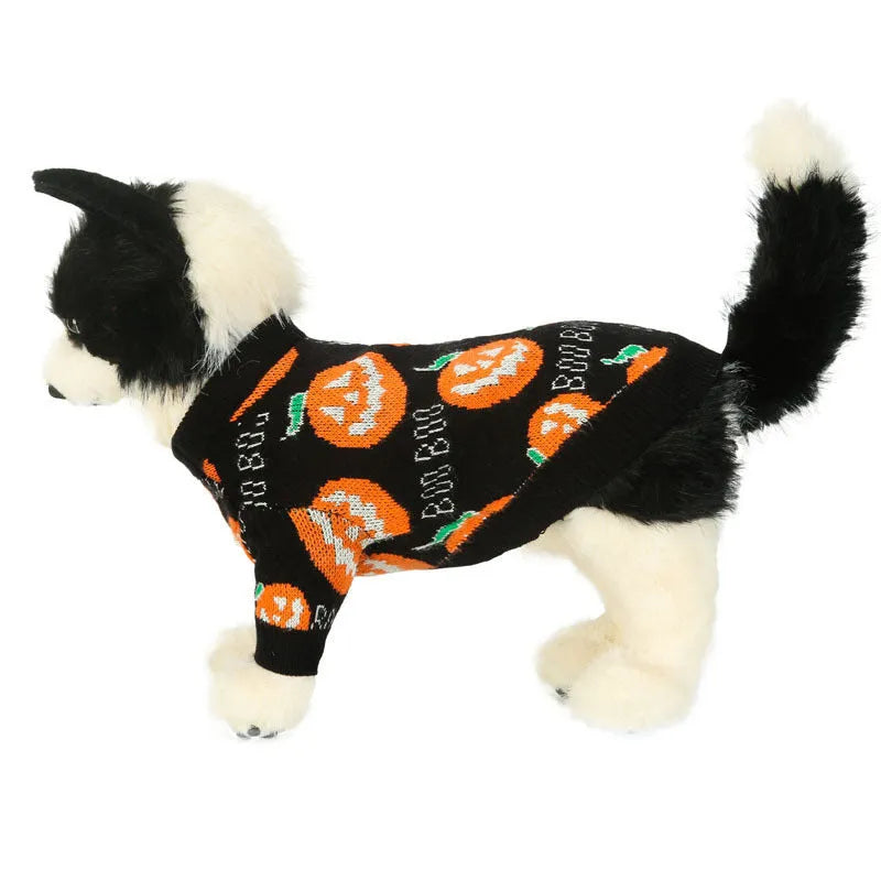 Black dog sweater with orange pumpkin pattern for Halloween, available in sizes S to XXL