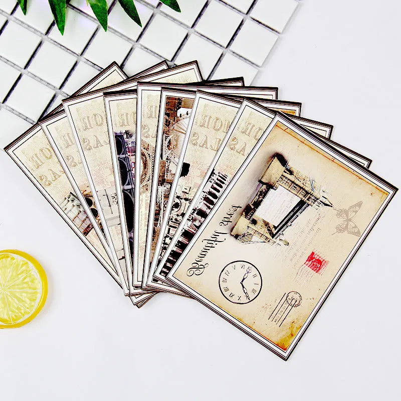 Set of nine minimalist cartoon-style postcards illustrating retro Paris towers and historic sites.