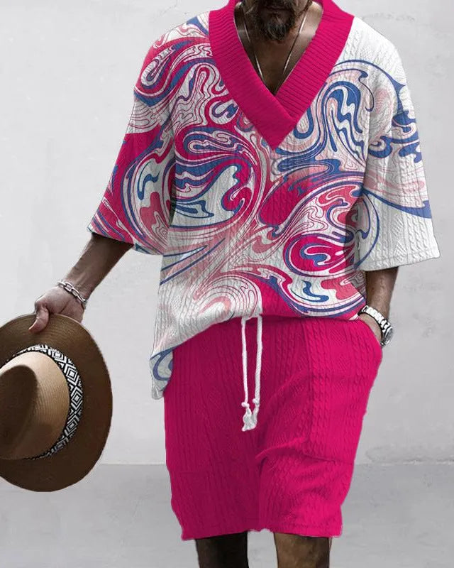Loose casual short sleeve suit in polyester fibre with matching top and shorts