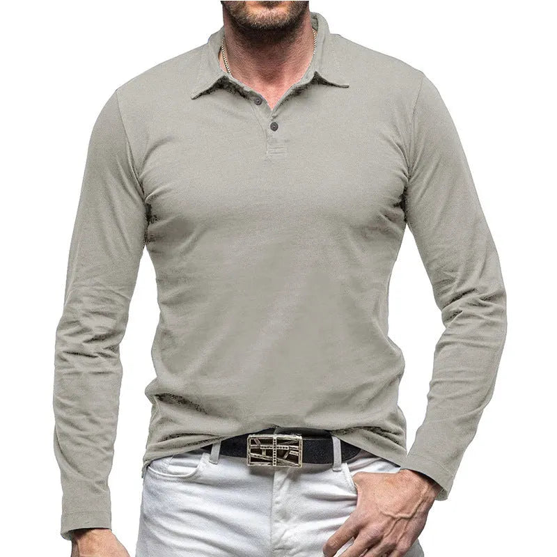 Men's long sleeve polo collar cotton T-shirt in American retro style shown in dark grey