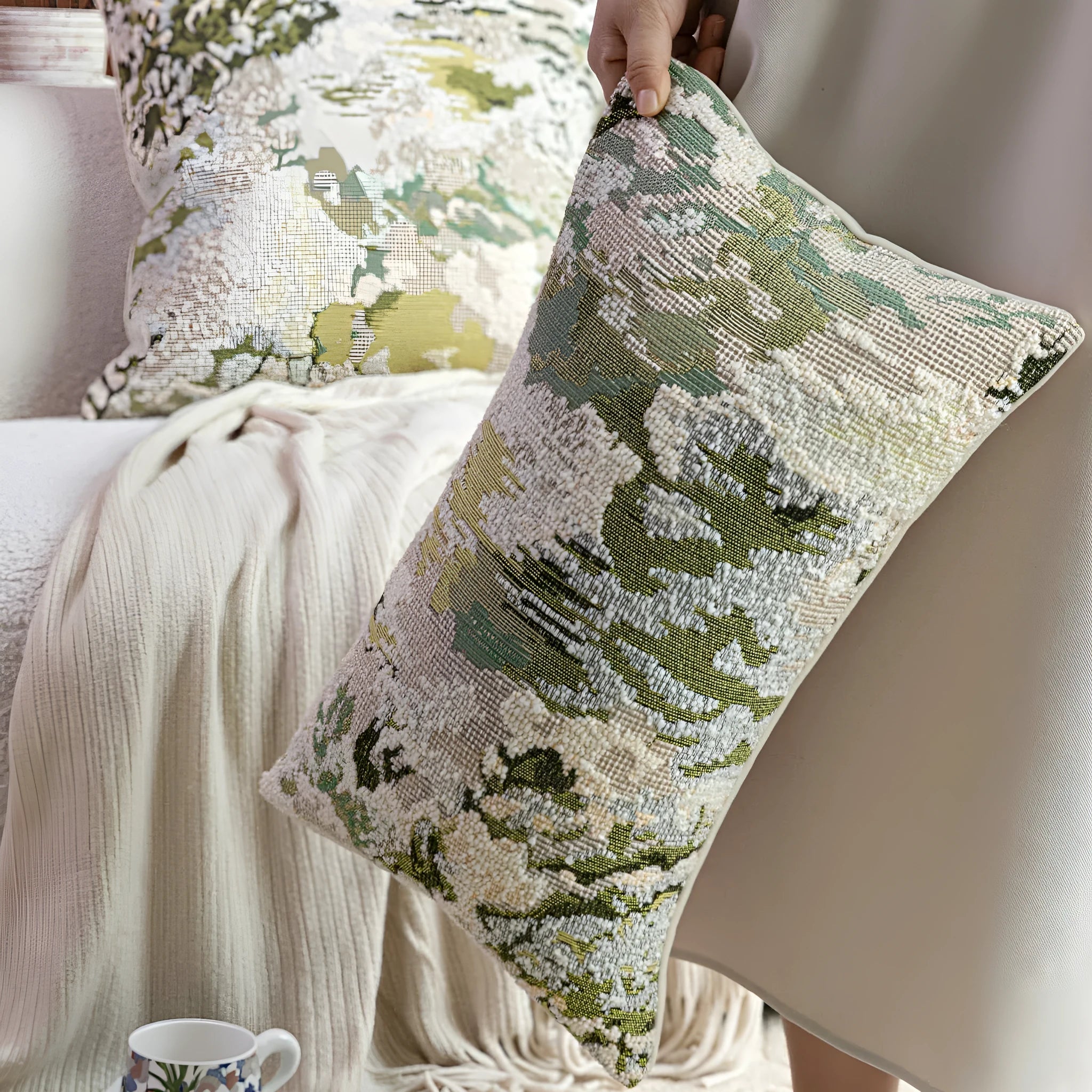 Green abstract floral pattern on a wool blend cushion cover, shown in square and lumbar pillow sizes.