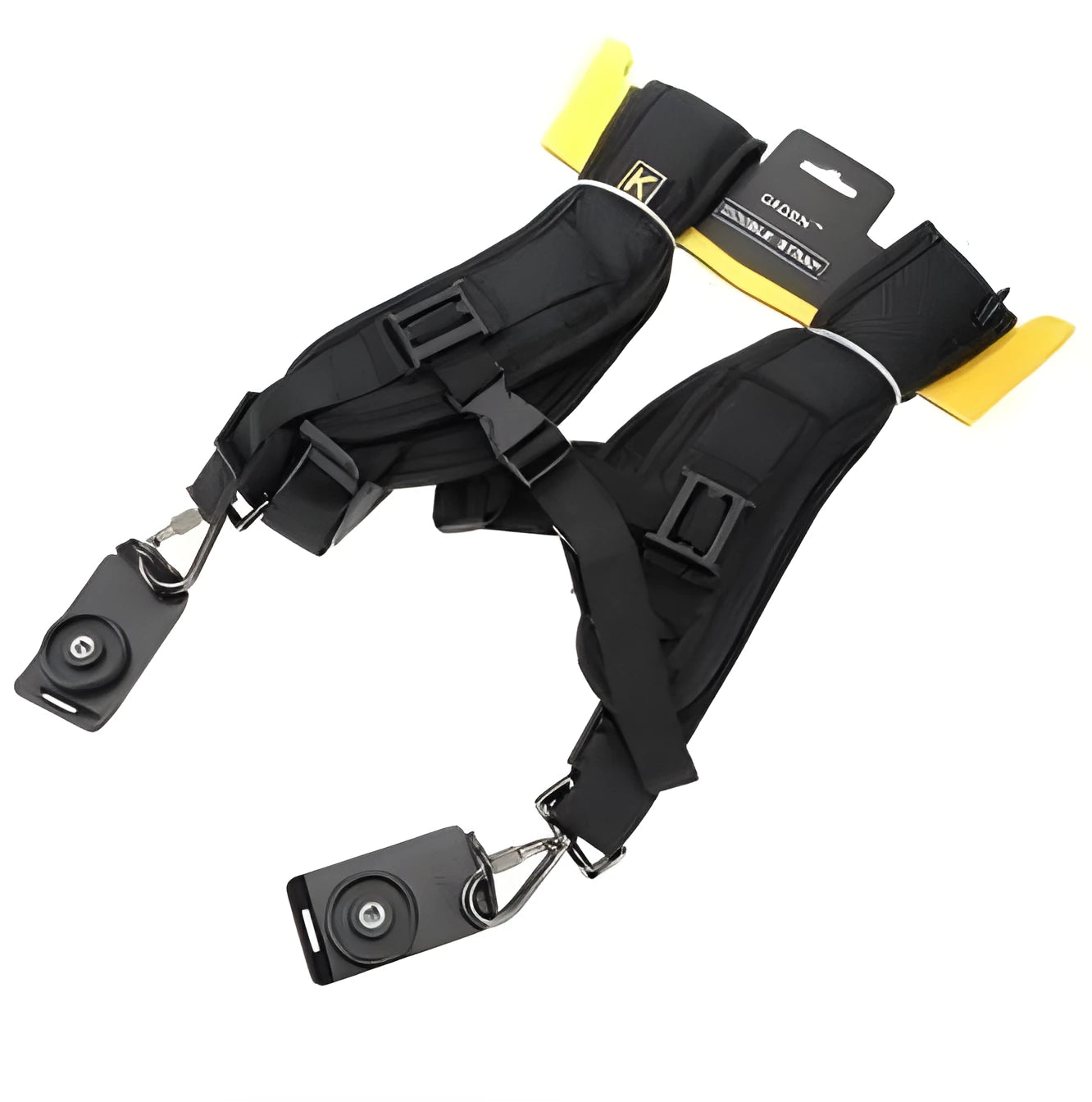Black professional dual camera strap for SLR cameras shown ergonomically worn across the chest.