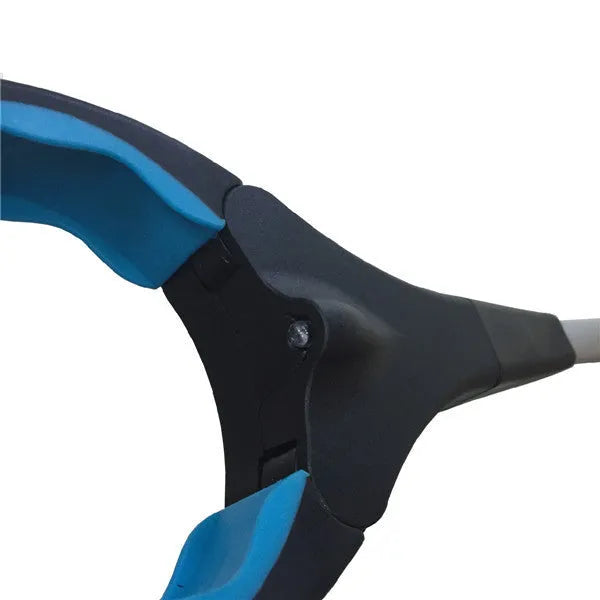 Blue foldable aluminium walking stick with a TPR foam grip, shown both extended and folded.