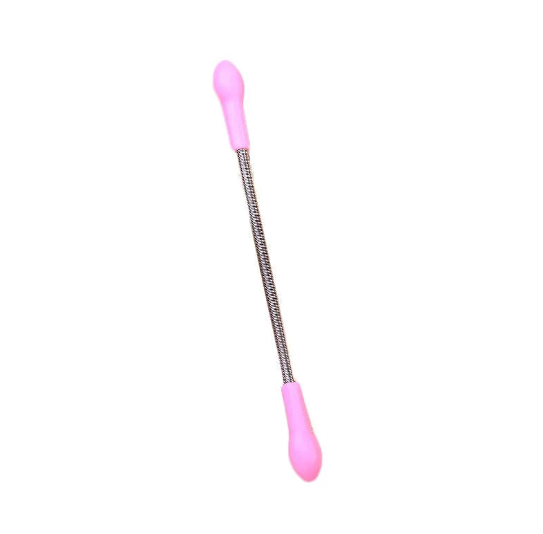 Pink facial hair remover with stainless steel spring and plastic handles, 19cm long, on a light background