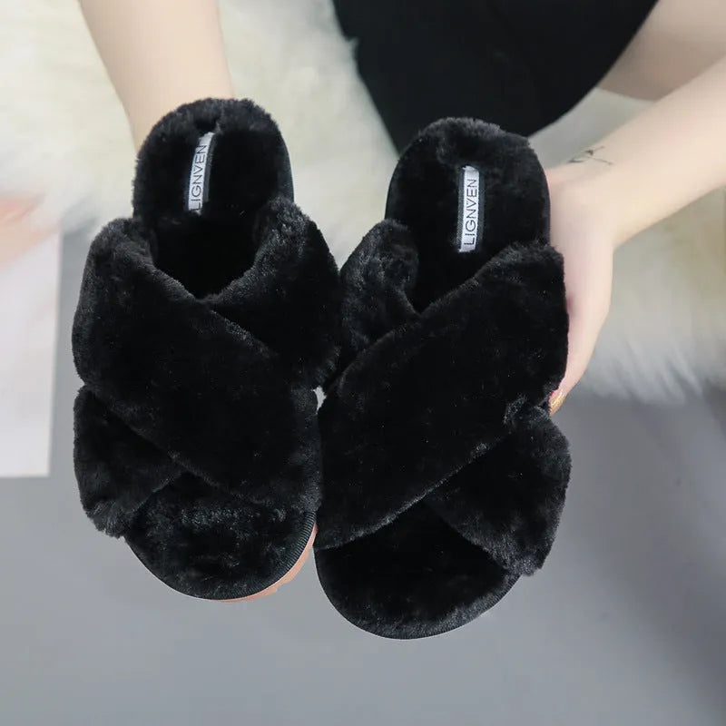 Cross open-toe fur slippers in multiple colours on a patterned non-slip sole.
