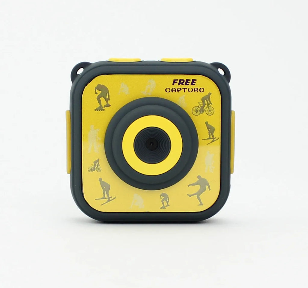 Yellow children's waterproof sports action camera with a 1.77-inch screen.