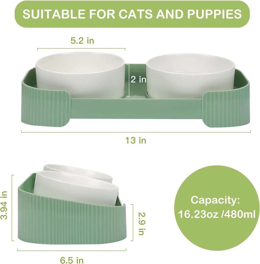 Green ceramic raised cat bowl set with two bowls on a tilted stand