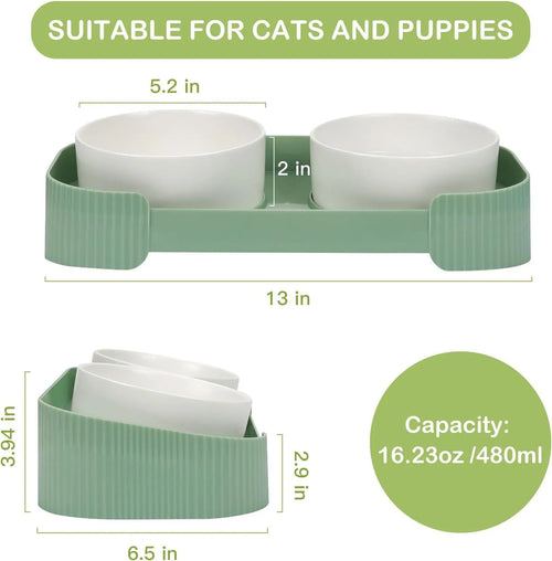Green ceramic raised cat bowl set with two bowls on a tilted stand