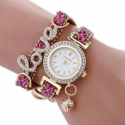 Sequin bracelet watch with round dial, alloy case, faux leather strap, available in multiple colours