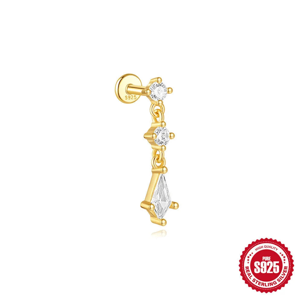 S925 sterling silver geometric kite earring with rhinestones and a chain tassel in a gold colour.