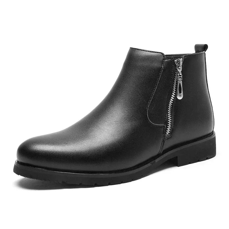 Men's black leather formal shoes with cotton lining and rubber sole on a plain background