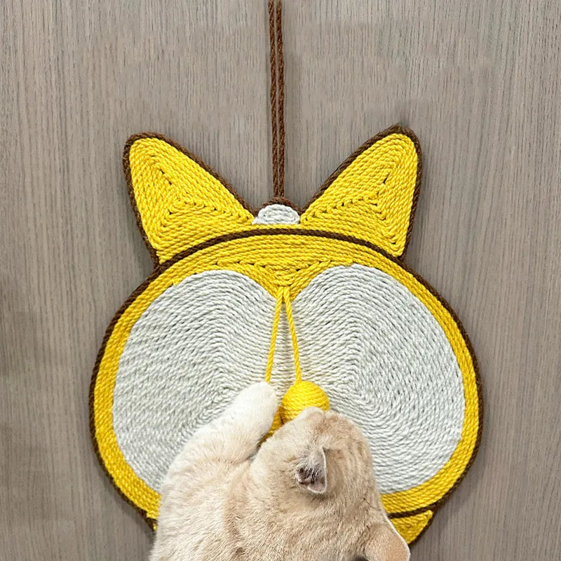 Yellow corgi butt design cat scratching pad with natural sisal surface on anti-slip base
