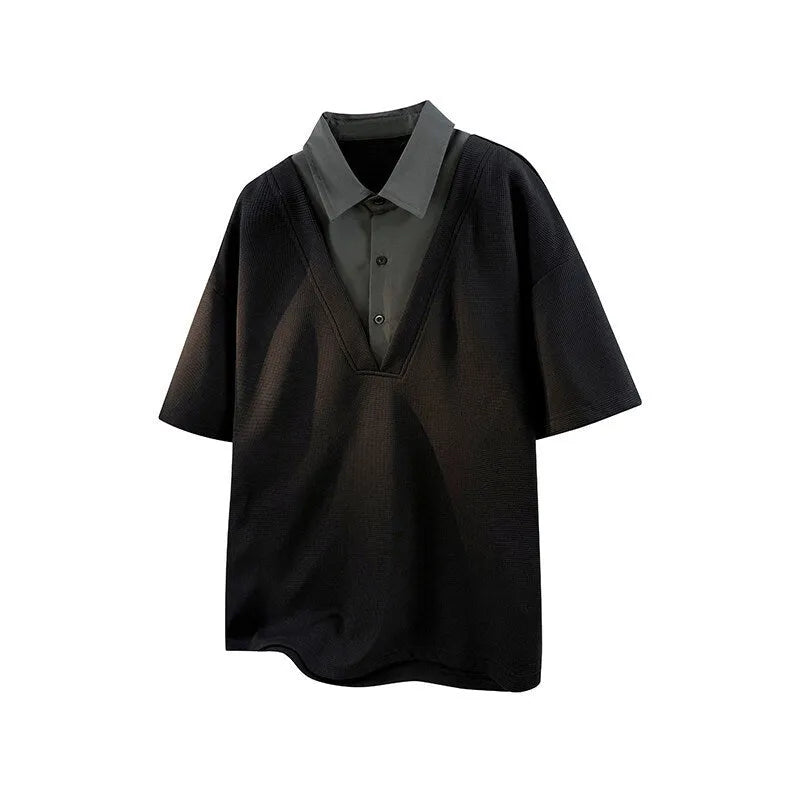 Men's heavy Henry collar polo shirt sweater with padding in black and apricot colours
