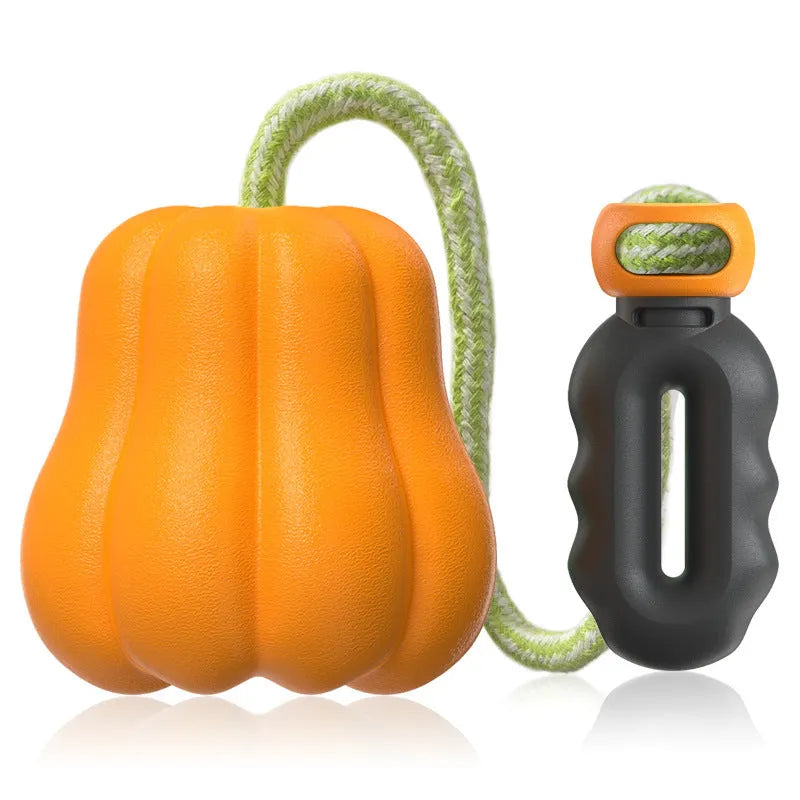 Orange plastic bite molar dog ball with rope attachment for outdoor fetch and chewing