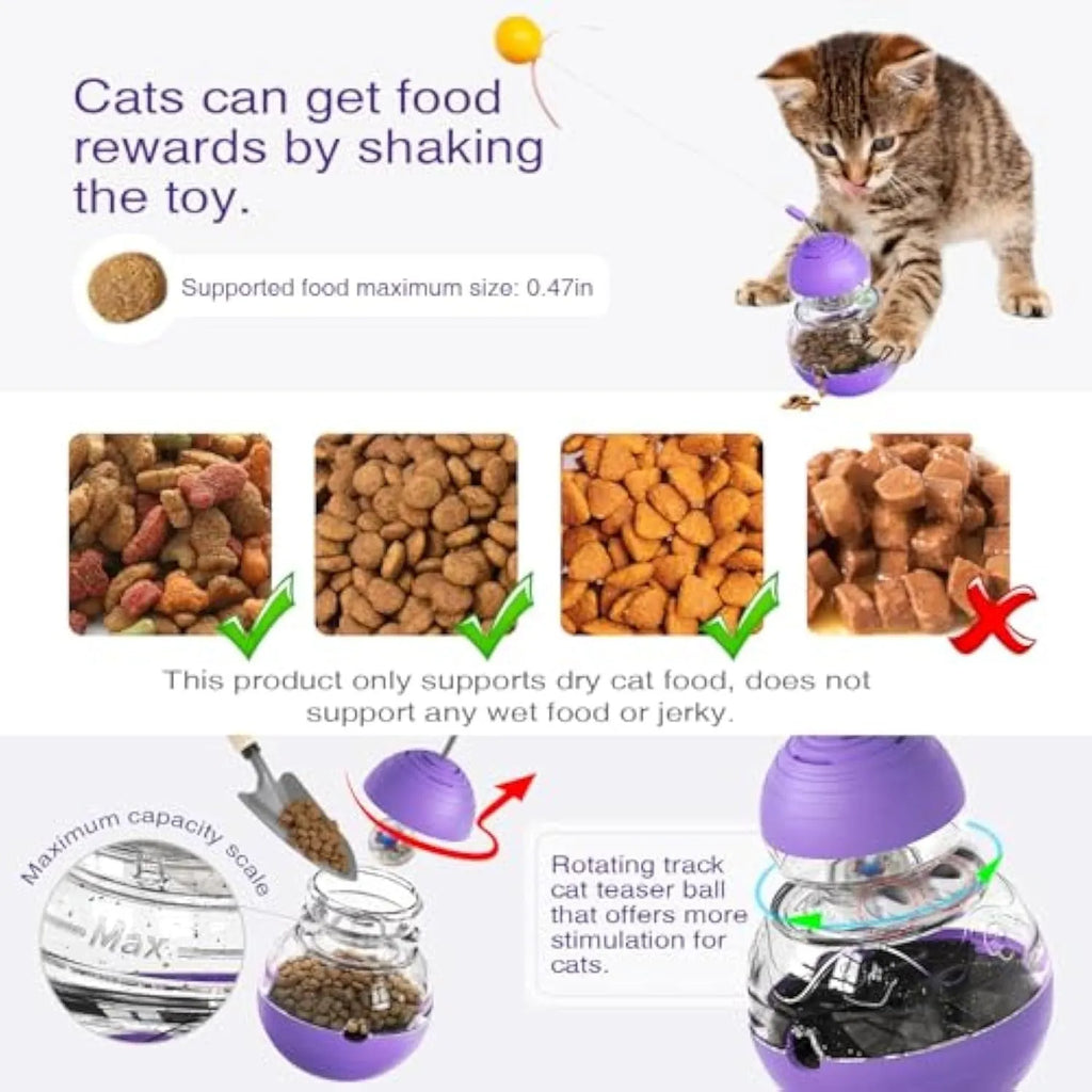 Electric yellow cat interactive toy wand with bouncing ball, ribbon teaser, and rotating food dispenser base