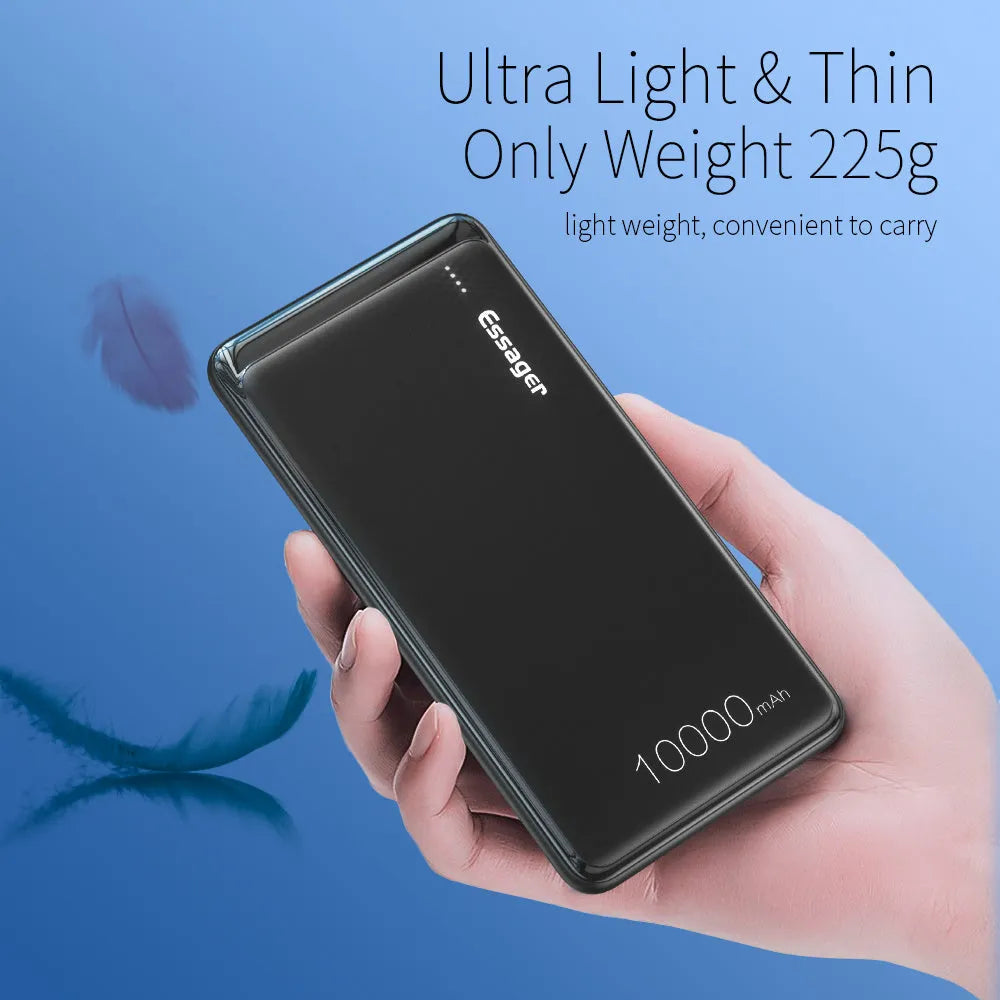 Essager Small Jane black or white 10000mAh ultra-lightweight power bank showing dual USB outputs and LED indicators