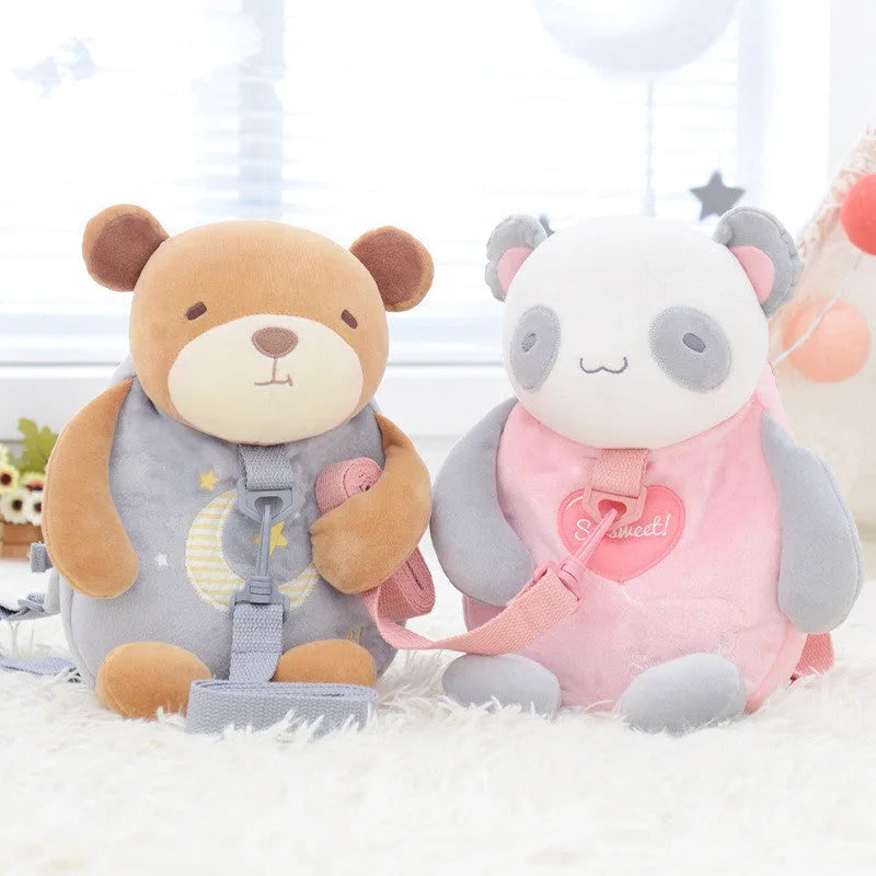 Pink panda short plush traction school bag toy with down cotton filling on soft background