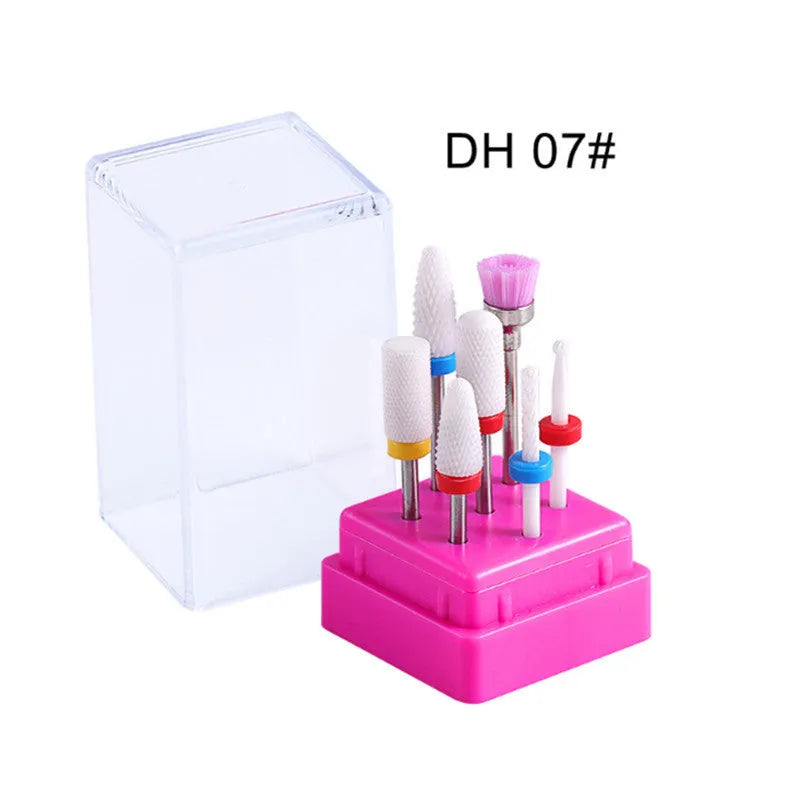 Tungsten steel nail drill polishing head set with 6 bits and 1 brush in transparent case