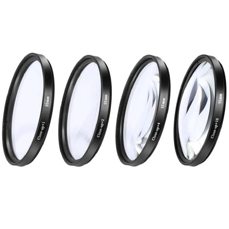 Four-piece close-up lens set for SLR camera with nylon bag, round shape, multiple sizes available