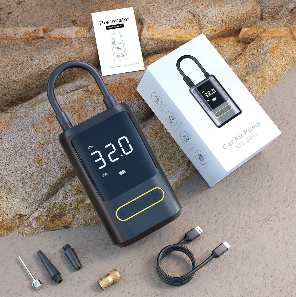 Handheld wireless digital display air pump with LED light and digital screen for car and bicycle tyres