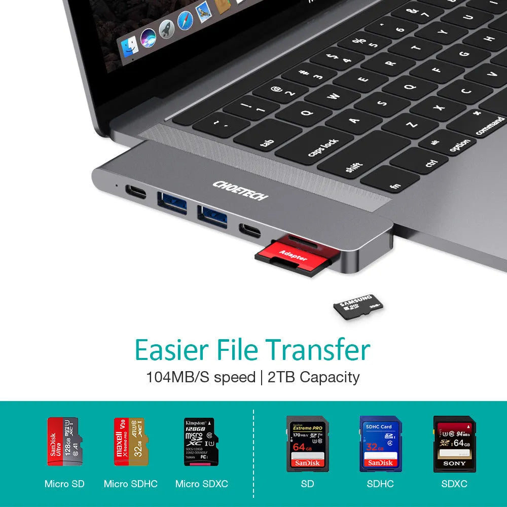 Aluminium USB-C multiport adapter with SD card reader showing seven connectivity ports
