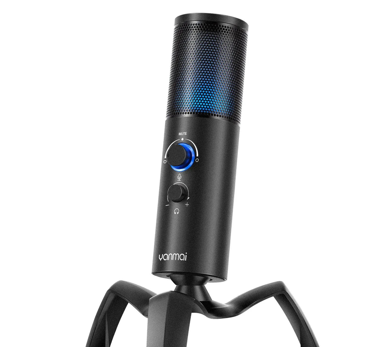 Black Q18 USB condenser microphone with RGB lighting on a metal tripod stand