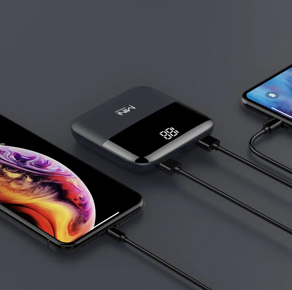 10000mAh portable power bank with digital display and dual USB ports in multiple colour options