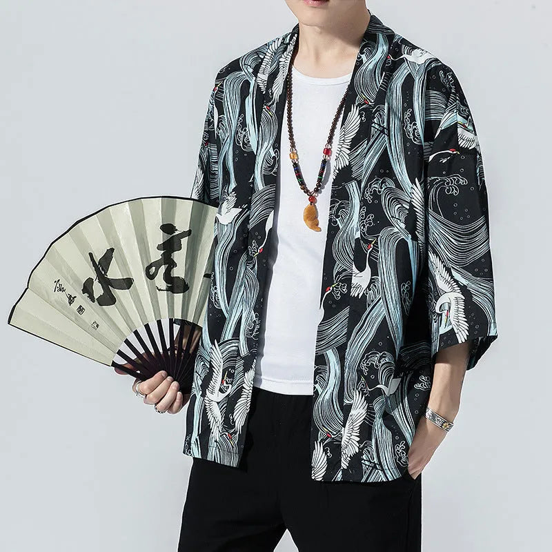 Japanese kimono cropped sleeve cardigan in black shown front view on a model