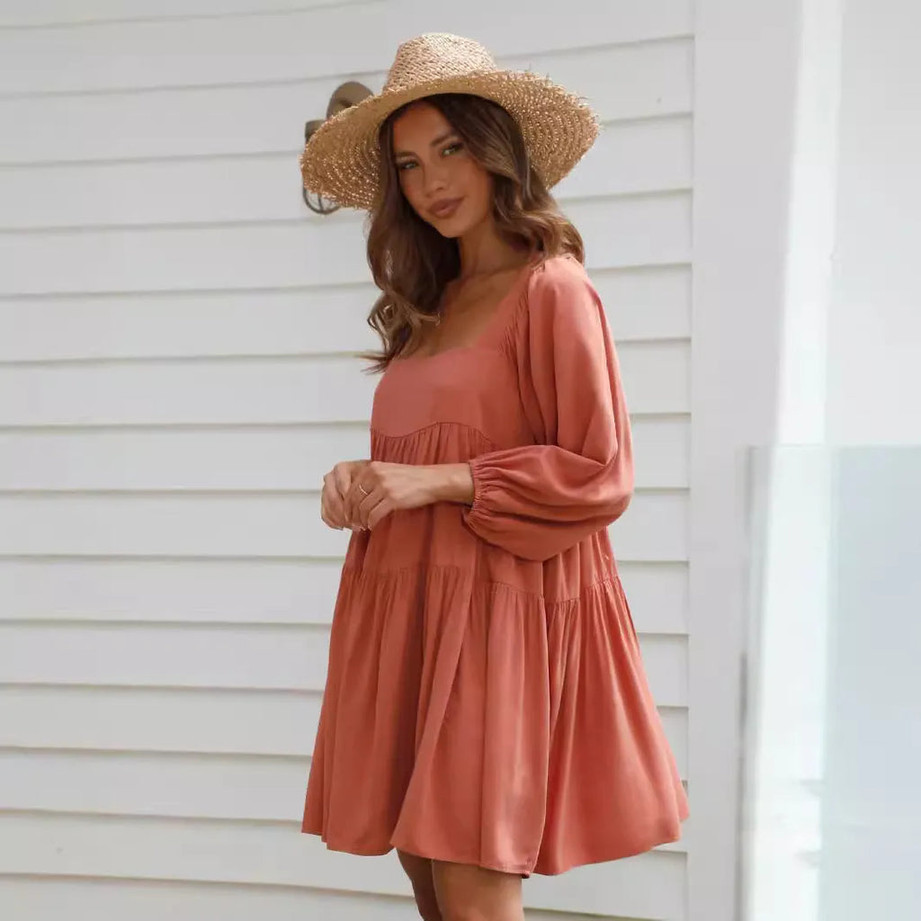 Children's square collar puff sleeve backless A-line dress in orange or light blue