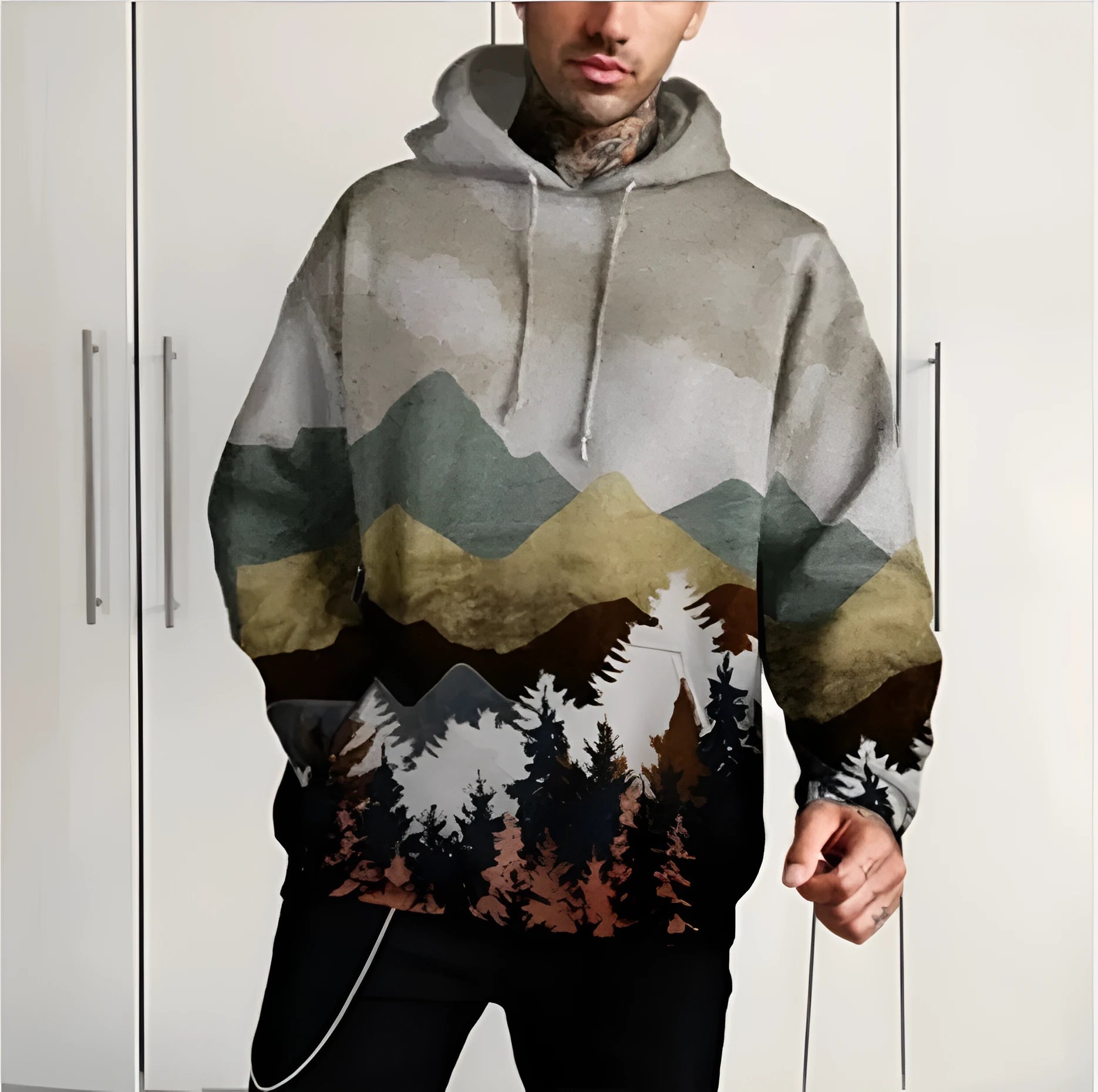 Printed super flexible hoodie for men in grey, 80% polyester fibre casual fleece