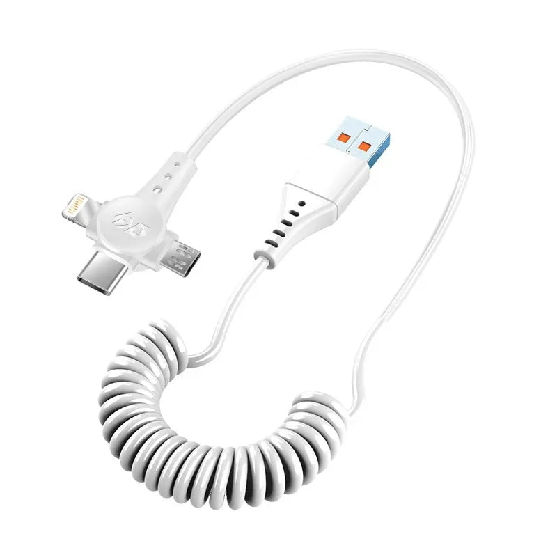 Three-in-one retractable TPE data cable with Type-C, Lightning, and Micro USB connectors in black, 1.5 metres