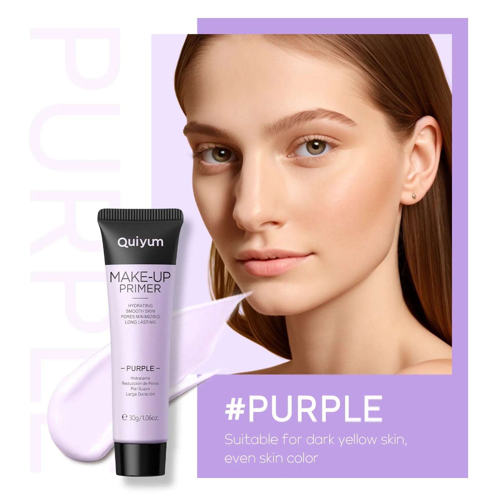 Colour box containing 30g moisturising makeup primer in green, pink, and purple colour-correcting shades