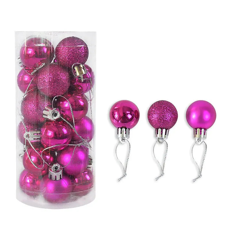 Assorted 3cm shiny gold, red, and silver Christmas ball ornaments spilling from a tall storage barrel.