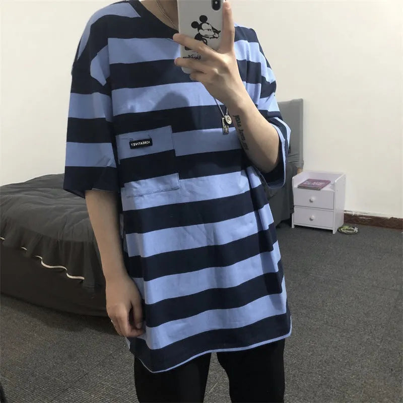 Striped short sleeve t-shirt in blue, polyester fiber, casual crew neck style
