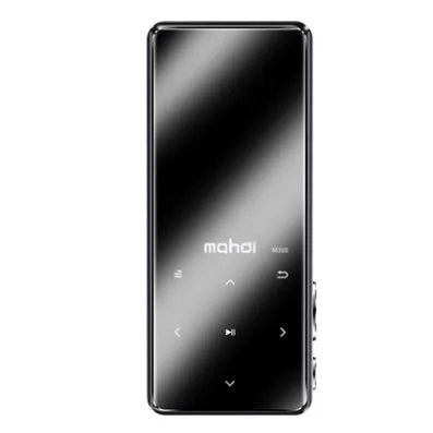 Black portable MP3 MP4 player with 2.4-inch touch screen showing music interface, placed on a desk.