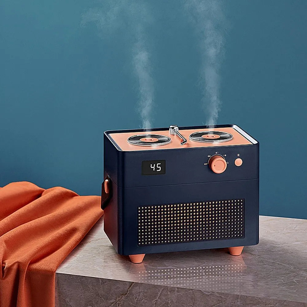 Portable phono humidifier in ABS, PP, silicone and leather, 190.6x130.9x151.5mm, with warm light, dark green colour