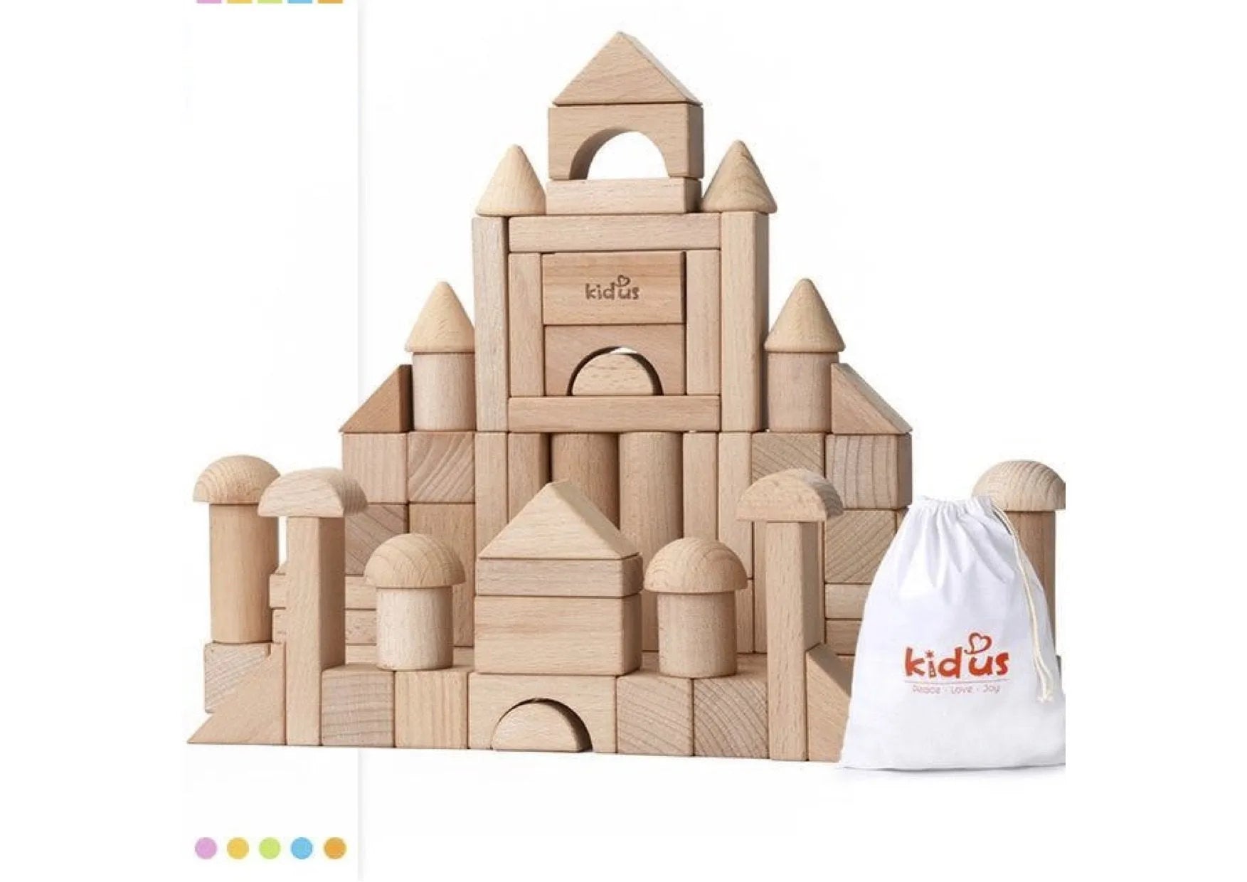 Wooden building blocks set in colour box with 80 beech wood pieces for DIY construction play