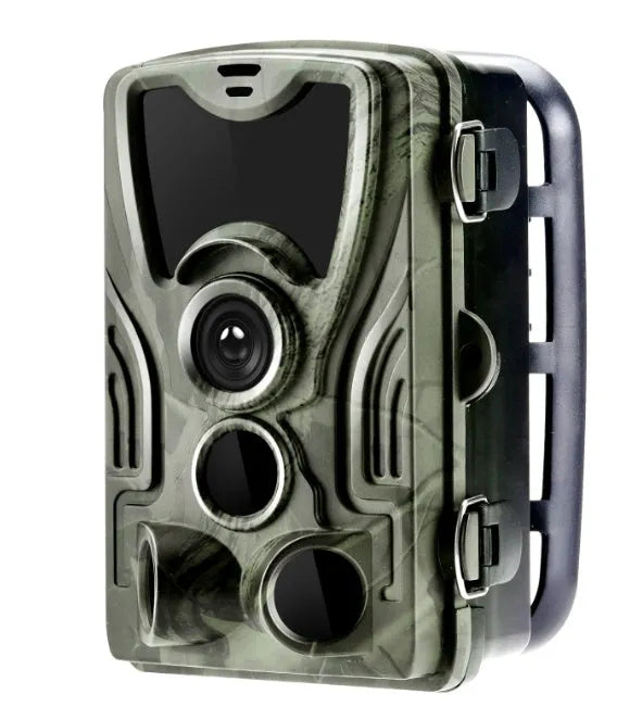 Green cellular trail hunting camera showing front view with lens, PIR sensor, and infrared LEDs