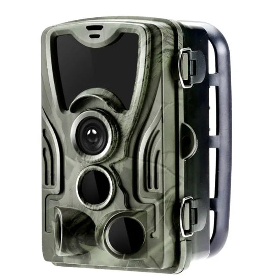 Green cellular trail hunting camera showing front view with lens, PIR sensor, and infrared LEDs