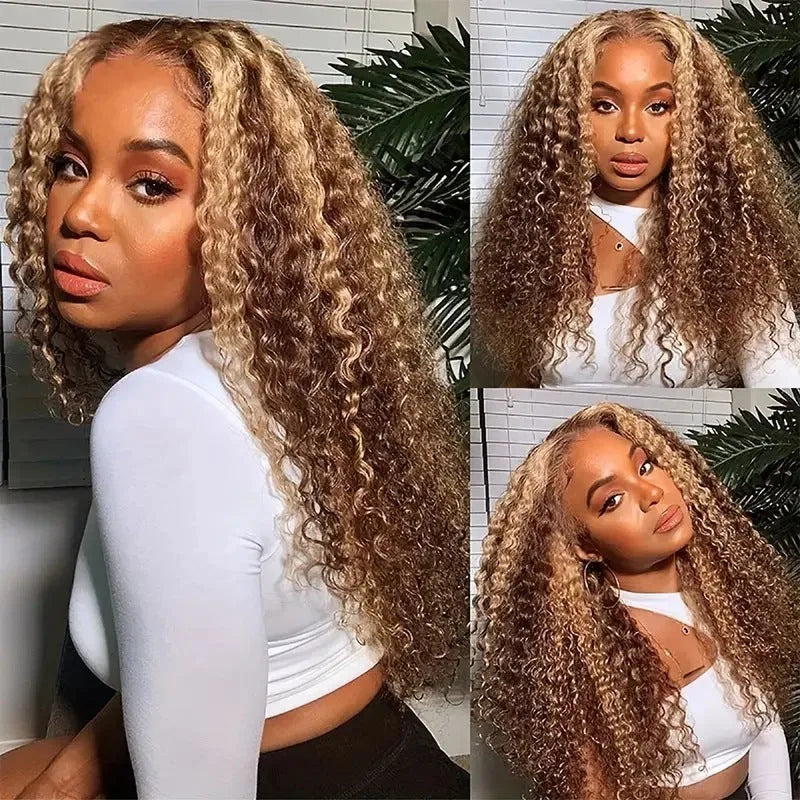 Medium volume long curly lace wig with gradient highlights in light gold colour for face shape modification