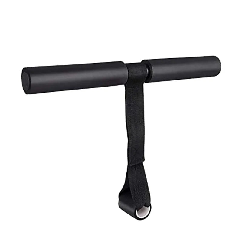 Black portable abdominal fitness device on a flat surface, showing steel frame with foam and PVC handles