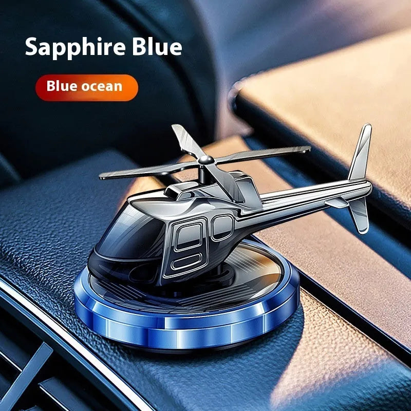 Solar-powered metal helicopter car air freshener ornament with rotating blades in three colour options