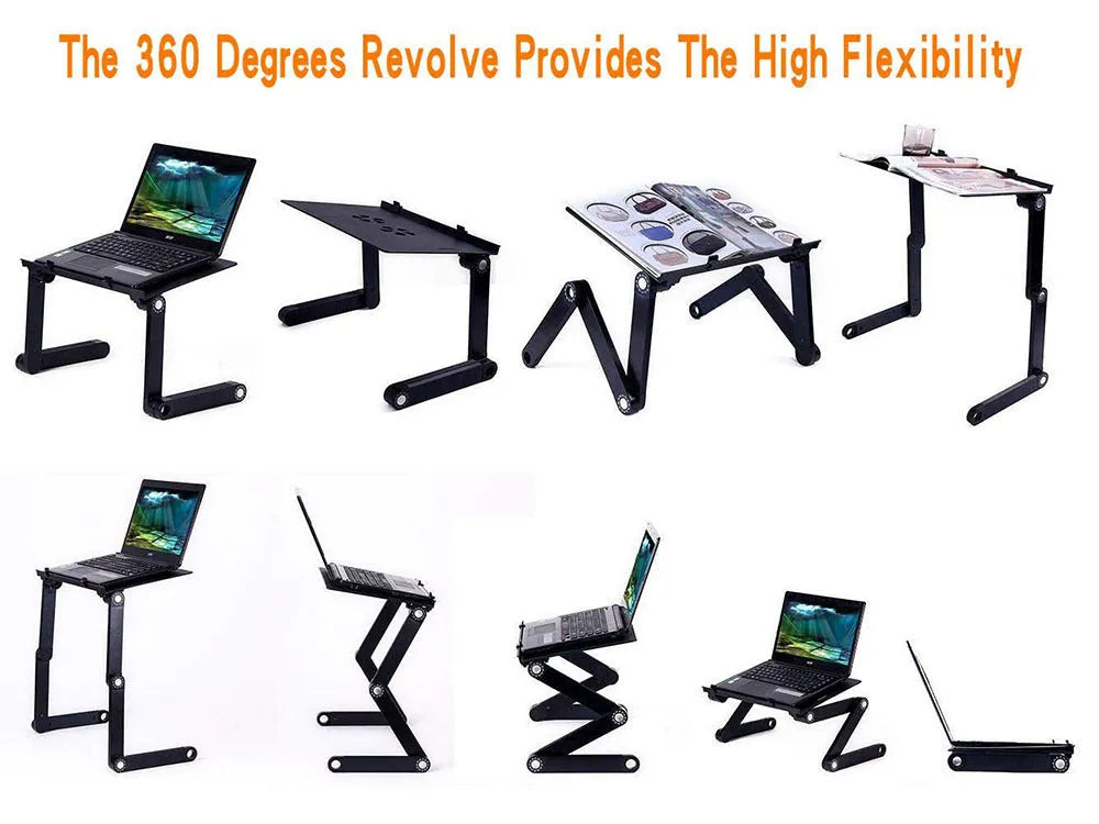 Adjustable black laptop stand desk with mouse pad and USB cooling fan, folded for storage, on a wooden floor