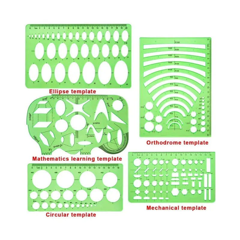 Set of 11 clear green plastic geometric drawing templates with poly zipper envelope