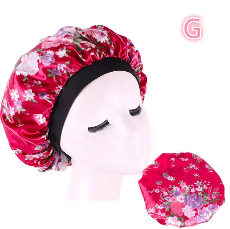 Beauty print satin silk bonnet sleep cap with elastic edge, available in multiple colours