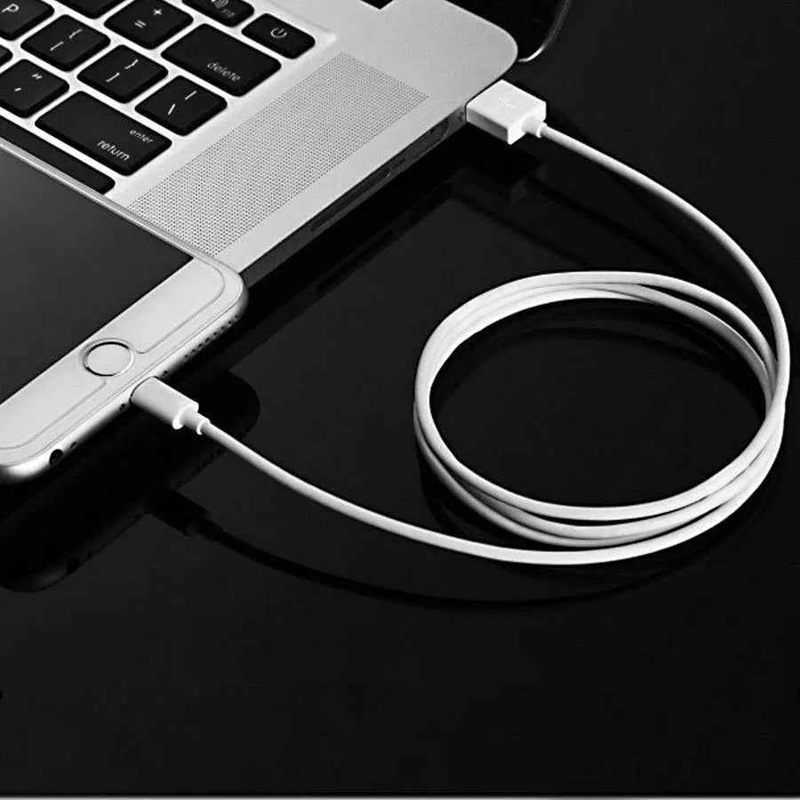 White USB travel charger and cable for iPhone and iPad models, showing 5V 2A output specification.