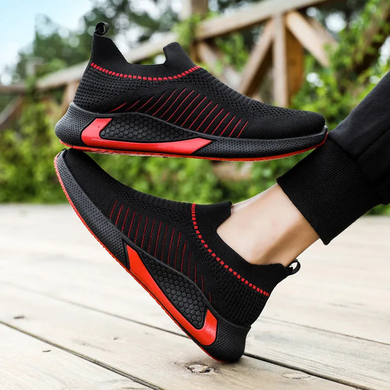 Men's mesh sock shoes with striped design and flyknit upper in black, white colour options