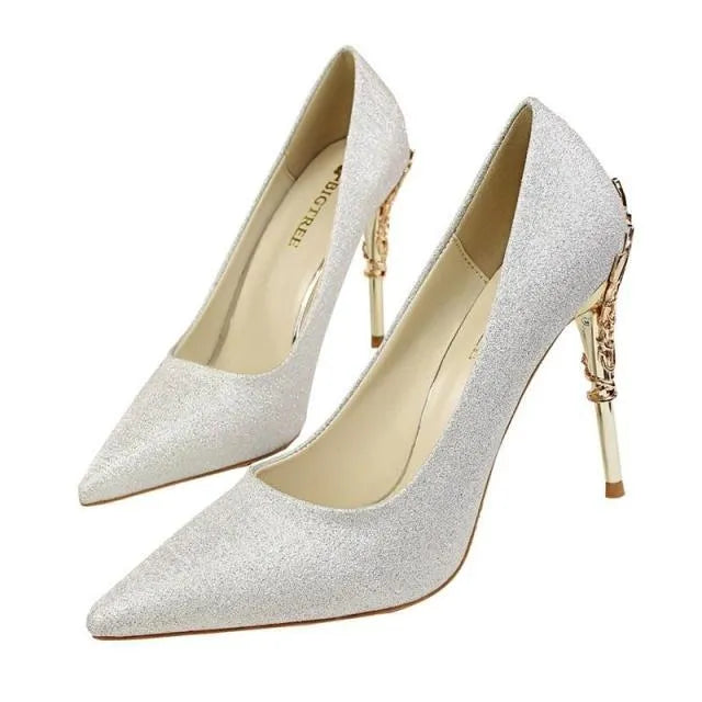 LAKESHI women's metal-engraved high heel shoes with 10cm heel, available in multiple colours