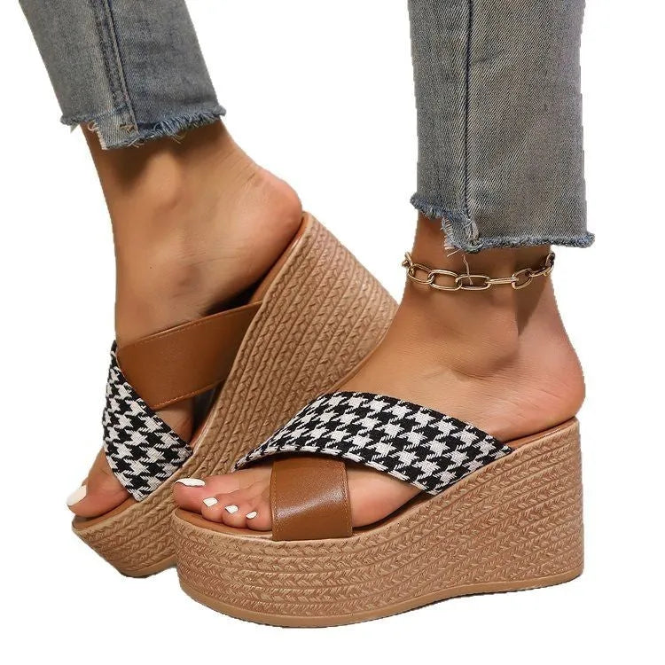 Cross leopard plaid wedge sandals with rubber sticky sole in black and brown plaid patterns